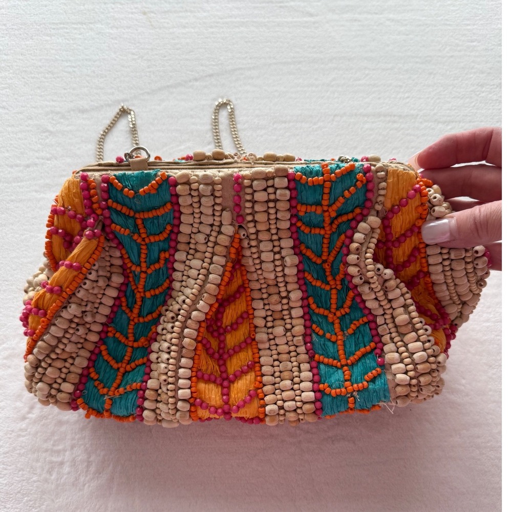 Viral Made in India Handcrafted Artisan Beaded Clutch/Purse Gold Tone Chain - Picture 7 of 16
